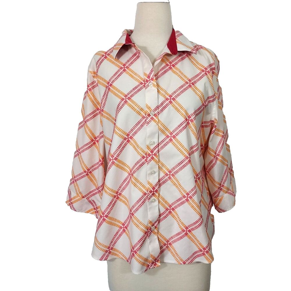 Chico's Top Blouse Shirt Size 3 No Iron 3/4 Sleeve Office Preppy Womens 16/18